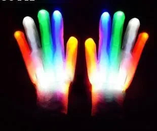 LED Glowing Skeleton Gloves with multicolor illuminated fingers, shown as a pair against a black background.