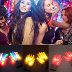 LED Glowing Skeleton Gloves party-themed collage with dancers above multicolor, yellow, and red illuminated glove pairs.