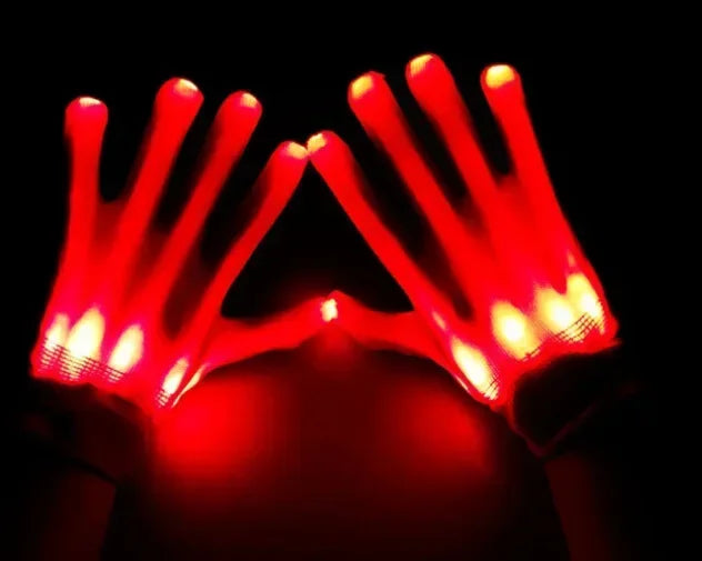 LED Glowing Skeleton Gloves showing red-lit fingers and bright lights near the cuffs in a close pair view.