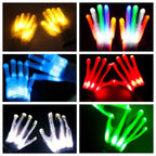LED Glowing Skeleton Gloves comparison collage showing yellow, multicolor, blue, red, white, and green lighting.