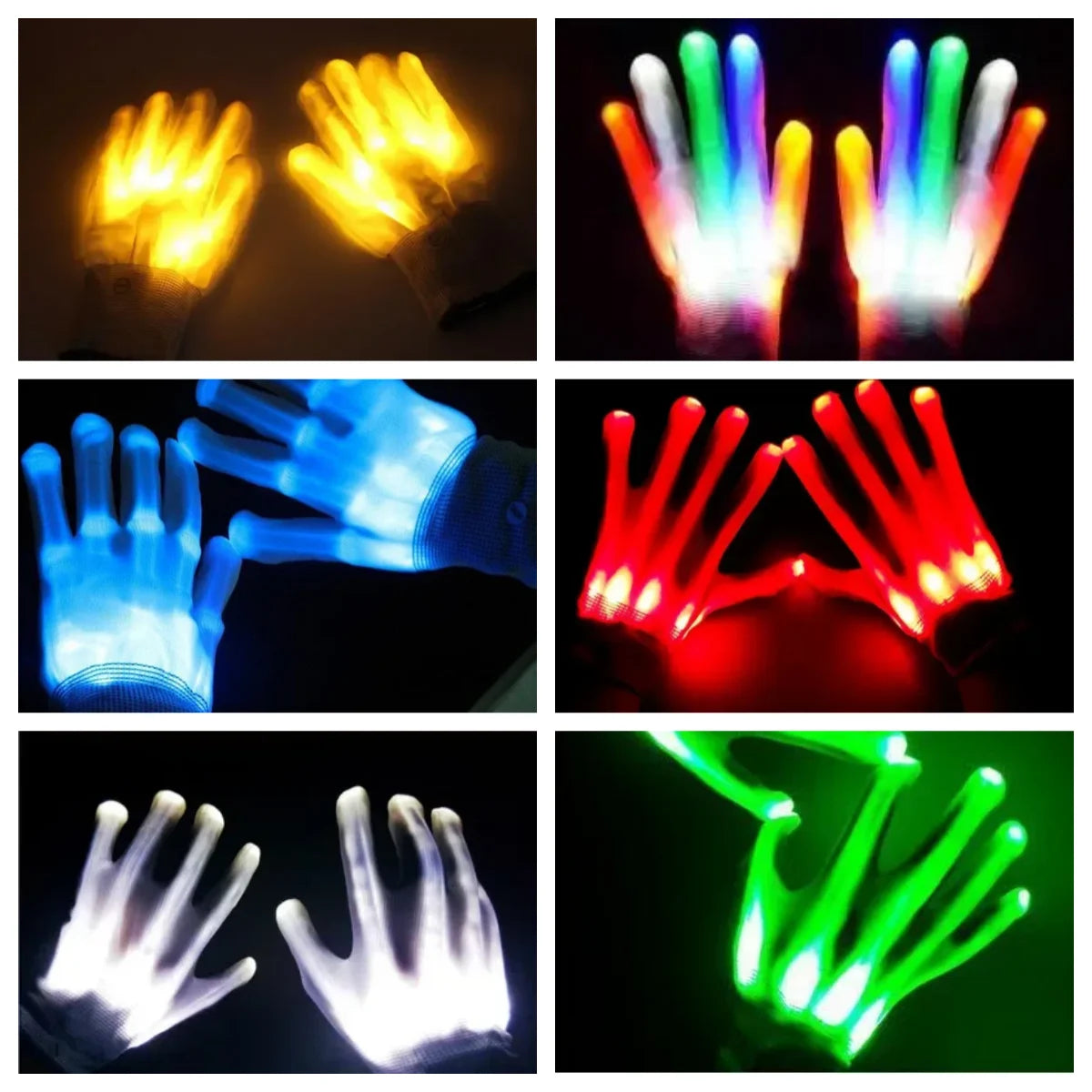 LED Glowing Skeleton Gloves comparison collage showing yellow, multicolor, blue, red, white, and green lighting.