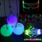 LED Glowing Skeleton Gloves supplier collage of gloves, LED glasses, and light-up balls; glasses and balls are not included.