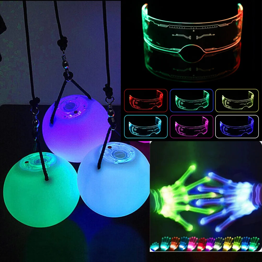 LED Glowing Skeleton Gloves supplier collage of gloves, LED glasses, and light-up balls; glasses and balls are not included.