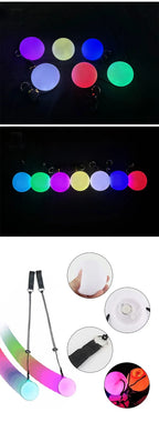 LED Glowing Skeleton Gloves gallery reference showing colored poi balls, wrist straps, and detail views; not included.