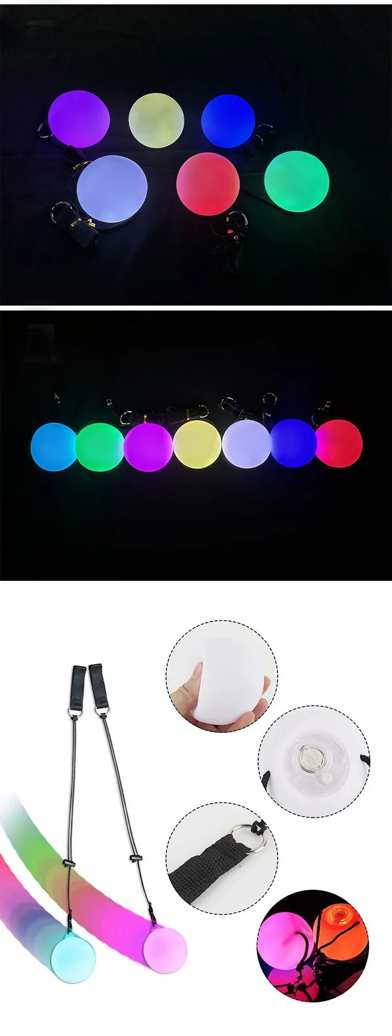 LED Glowing Skeleton Gloves gallery reference showing colored poi balls, wrist straps, and detail views; not included.