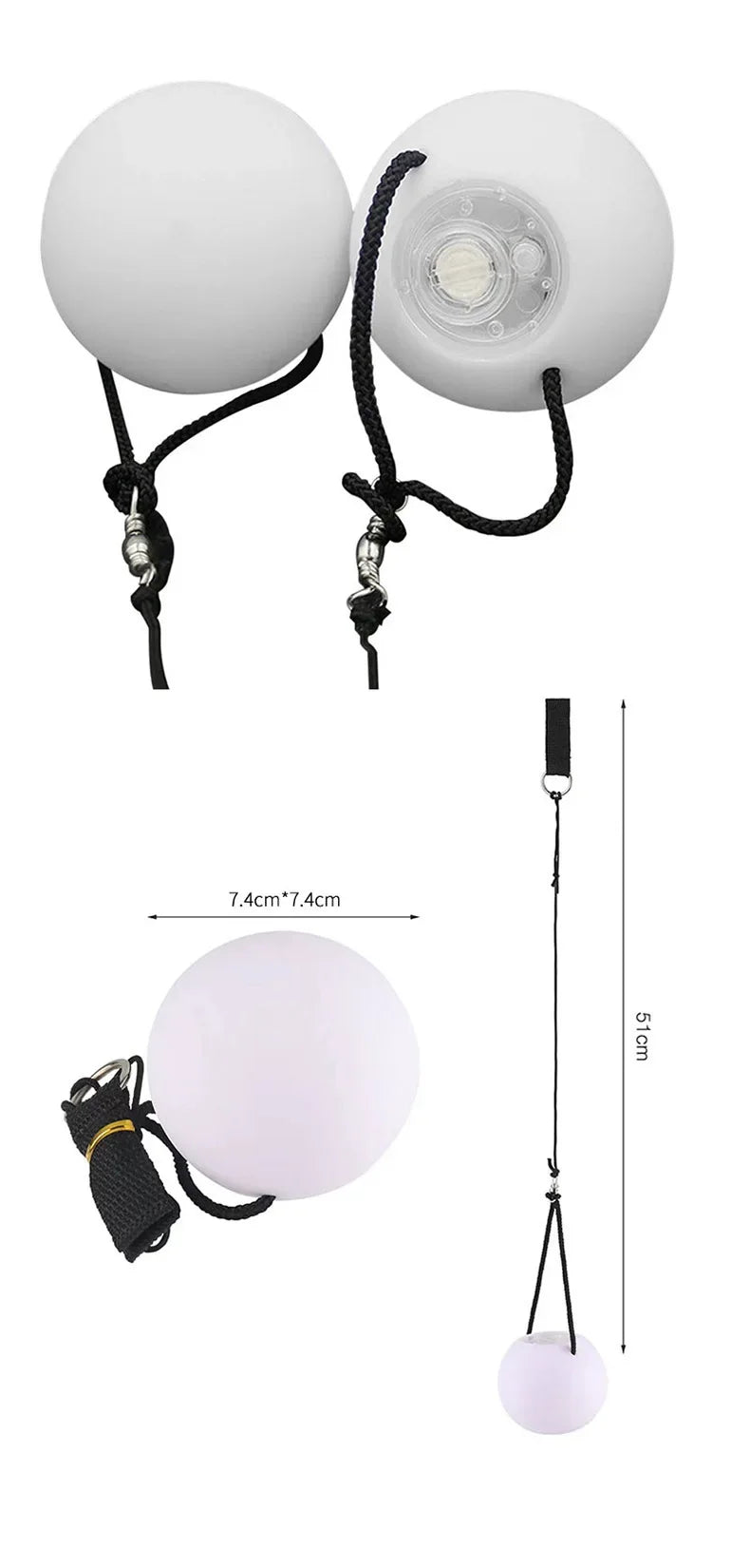 LED Glowing Skeleton Gloves gallery reference showing poi ball dimensions and cord length; these props are not included.