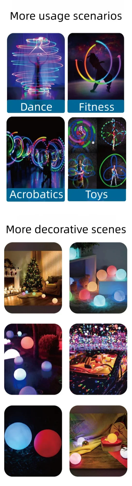 LED Glowing Skeleton Gloves gallery reference showing poi performances and decorative light balls; balls are not included.