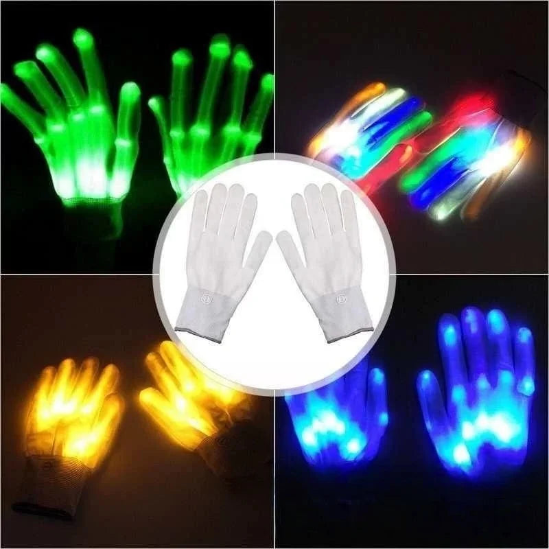 LED Glowing Skeleton Gloves collage comparing white unlit gloves with green, multicolor, yellow, and blue illumination.
