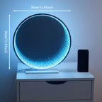 LED Infinity Tunnel Mirror size guide showing a 30 cm diameter, ice-blue lighting and a phone for scale.