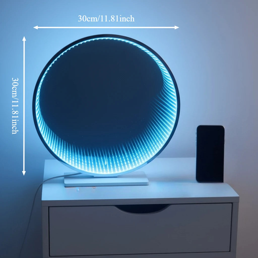 LED Infinity Tunnel Mirror size guide showing a 30 cm diameter, ice-blue lighting and a phone for scale.