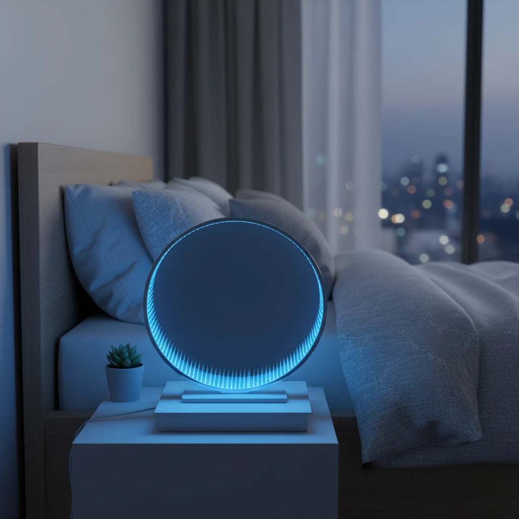 Ice-blue LED Infinity Tunnel Mirror on a bedside table beside a small plant, with a bed and city lights behind.