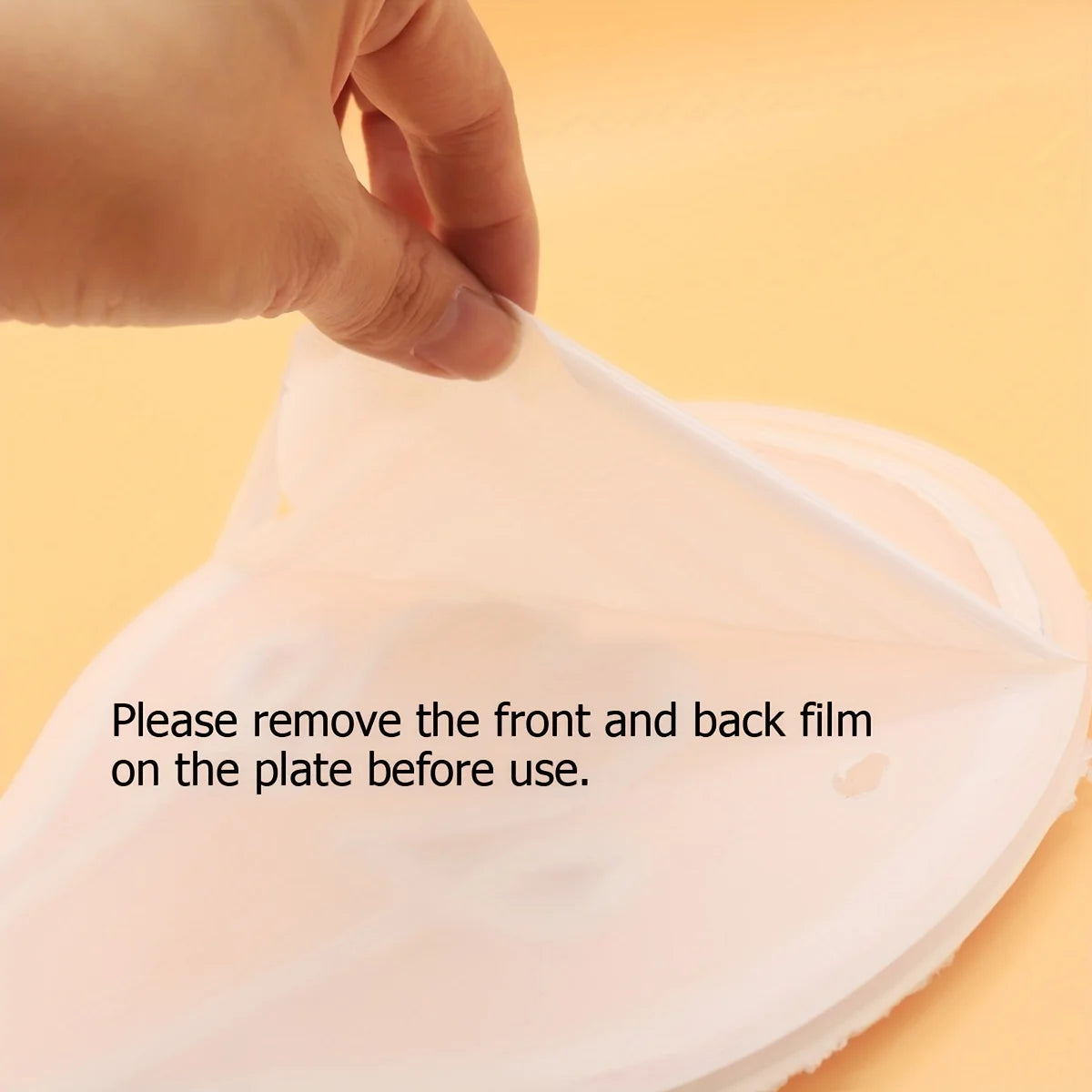 Supplier setup image showing a hand peeling protective film from a plate, with front-and-back removal instructions.