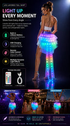 LED Light-Up Tutu Skirt feature guide showing USB charging, a remote control, lighting effects, and party styling.
