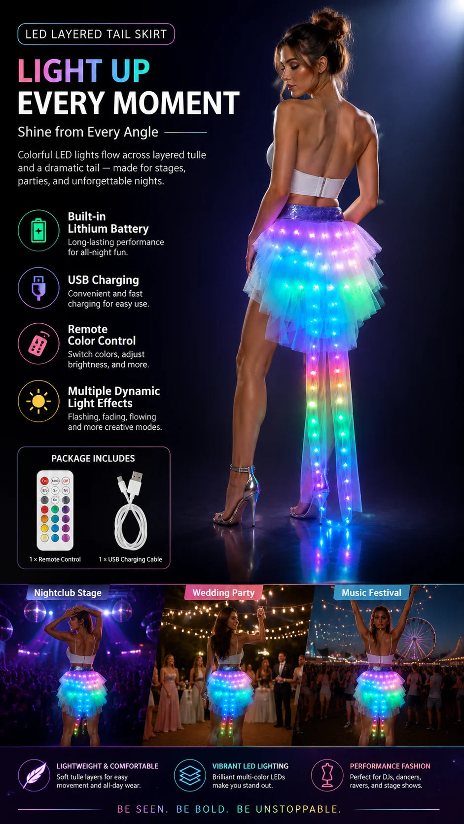LED Light-Up Tutu Skirt feature guide showing USB charging, a remote control, lighting effects, and party styling.
