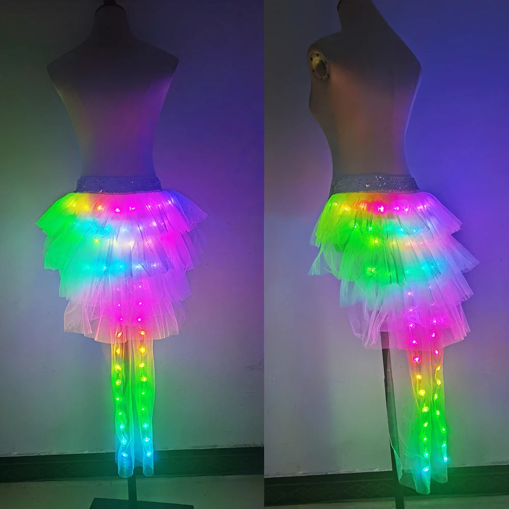 LED Light-Up Tutu Skirt with multicolored lights shown from two angles on a mannequin.