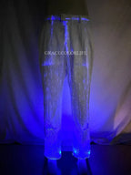 LED Light-Up Tuxedo blue illuminated pants displayed against a curtain