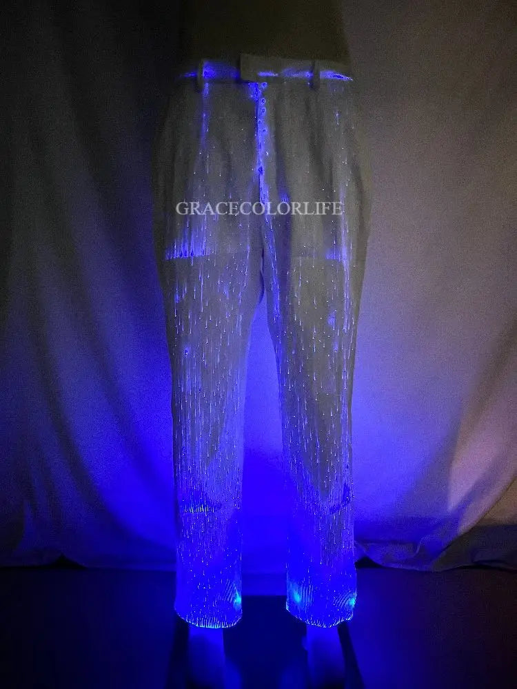 LED Light-Up Tuxedo blue illuminated pants displayed against a curtain