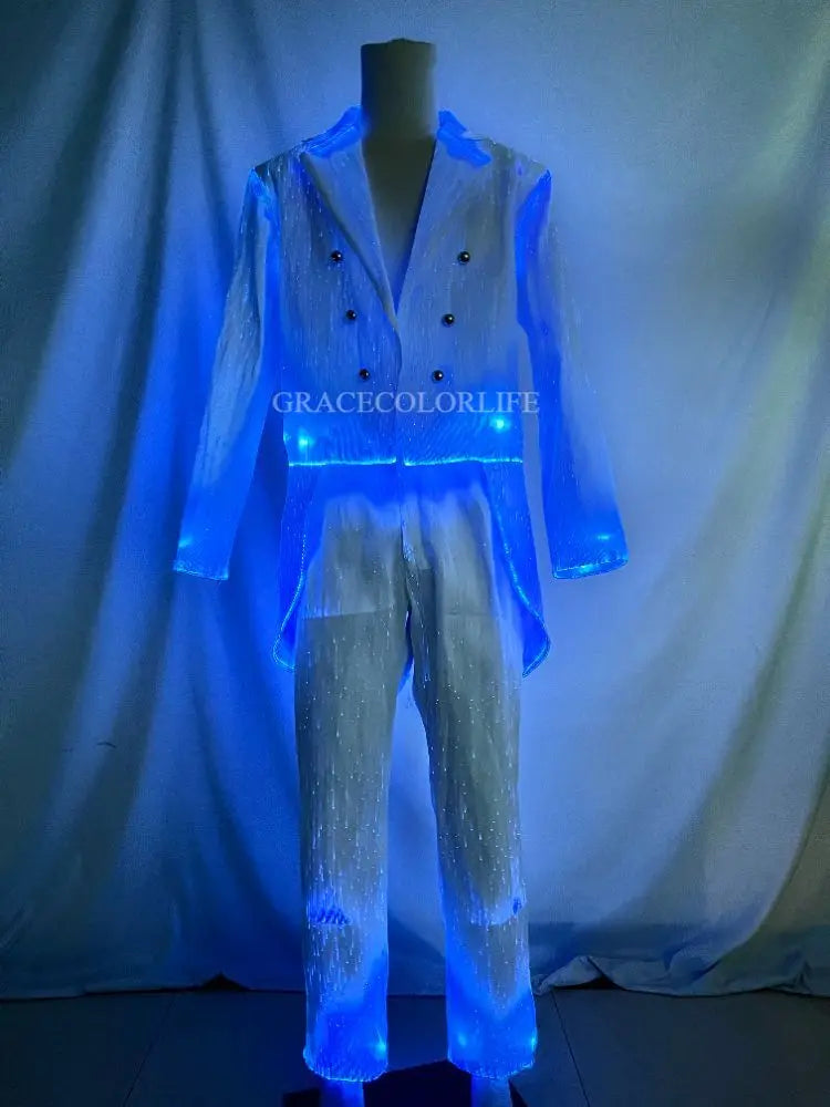 LED Light-Up Tuxedo matching jacket and pants glowing blue in a front view
