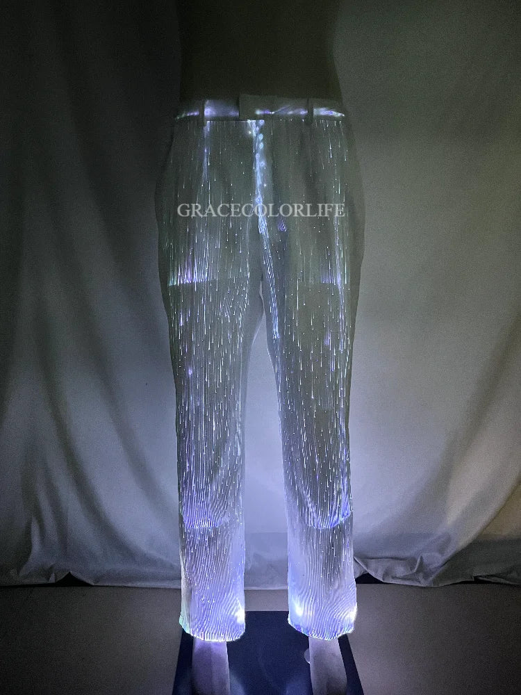 LED Light-Up Tuxedo pants shown glowing cool white from the waistband to the cuffs