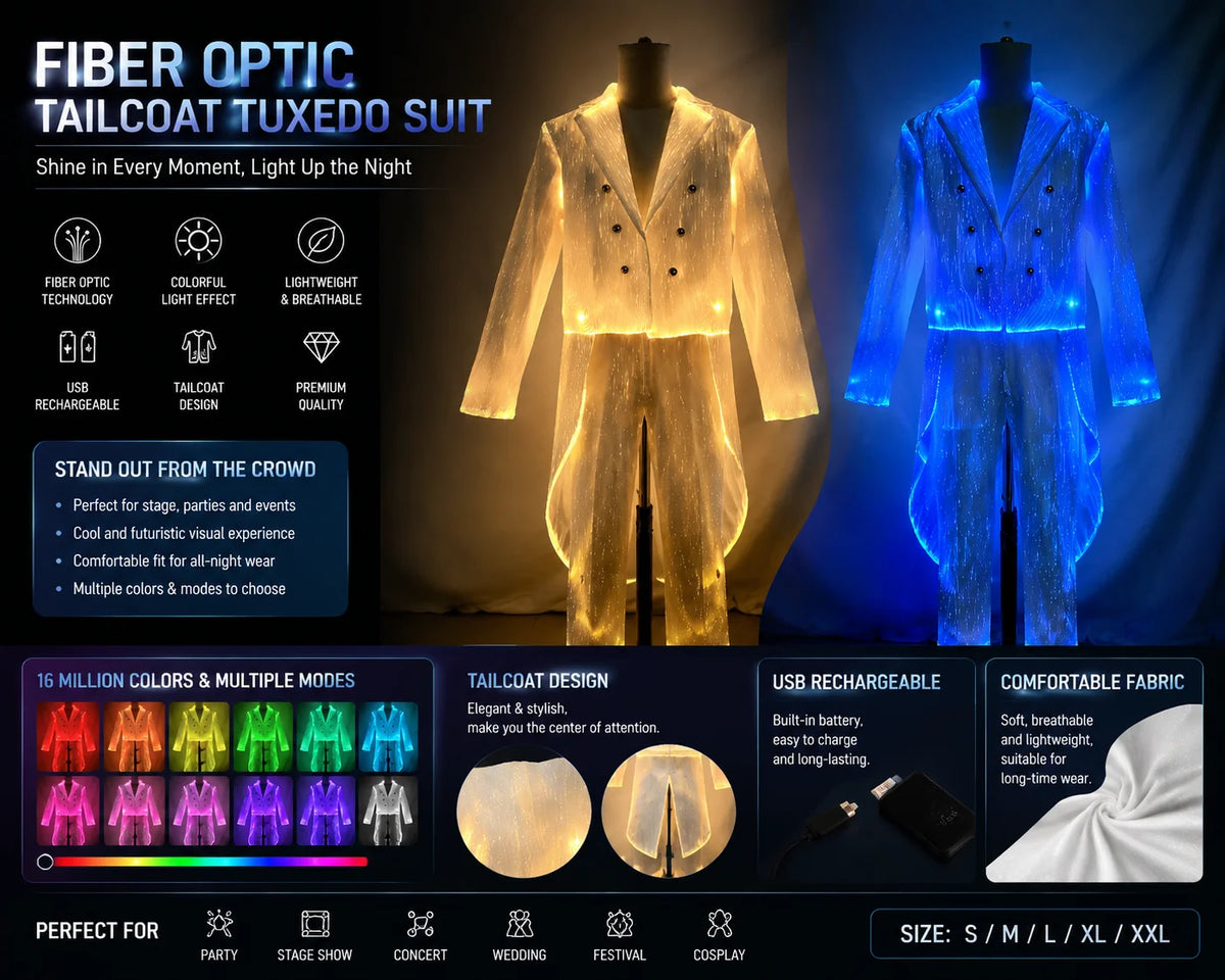 LED Light-Up Tuxedo supplier feature graphic showing illuminated suit colors and tailcoat details