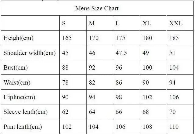 LED Light-Up Tuxedo men’s S–XXL size chart with body and garment measurements in centimeters