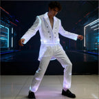 LED Light-Up Tuxedo worn as a glowing white jacket and pants set in a dark neon corridor
