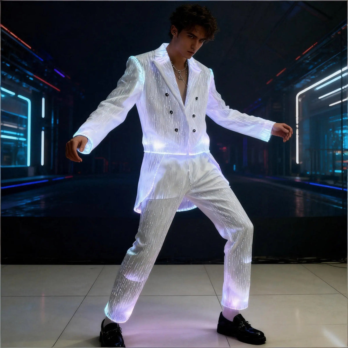 LED Light-Up Tuxedo worn as a glowing white jacket and pants set in a dark neon corridor