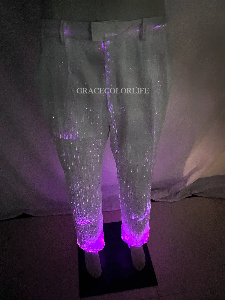 LED Light-Up Tuxedo purple glowing pants in an angled view showing the waistband and legs