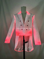 LED Light-Up Tuxedo tailcoat shown with red-pink illumination along the collar and cuffs