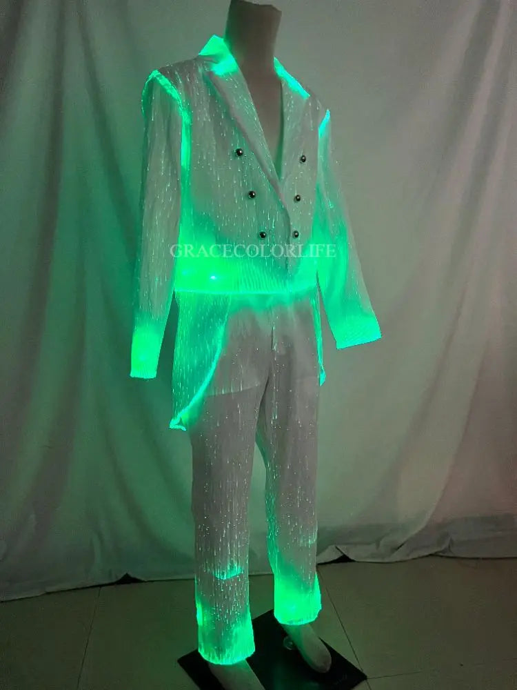 LED Light-Up Tuxedo turquoise glowing jacket and pants in an angled mannequin view
