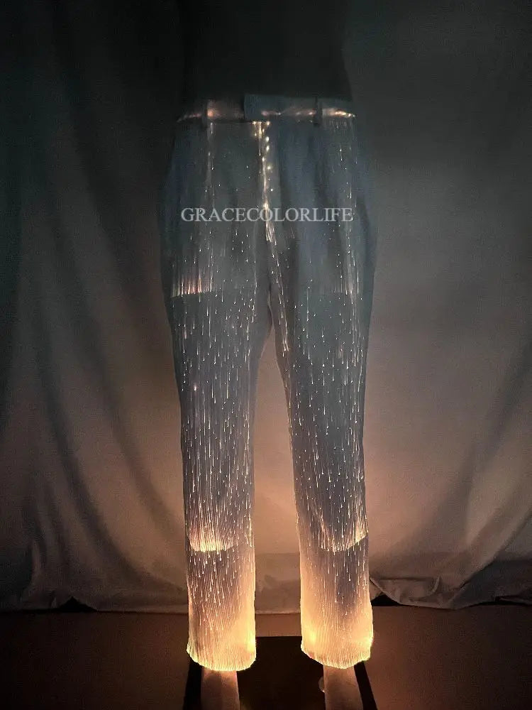 LED Light-Up Tuxedo pants shown with warm white illumination along the optical fibers