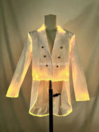 LED Light-Up Tuxedo tailcoat showing a warm yellow glow around the collar and hems
