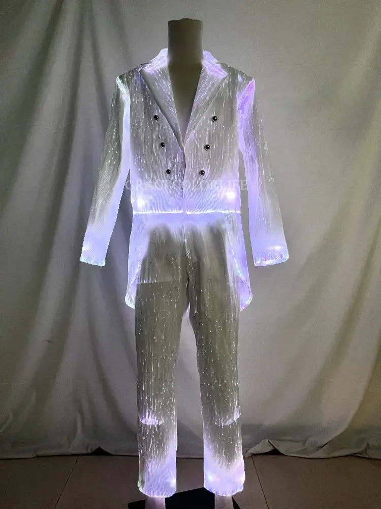 LED Light-Up Tuxedo front view of the white glowing tailcoat and pants set