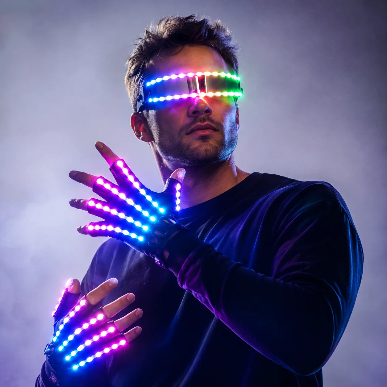 LED Lightwave Gear Set shown in a raised-hand pose with blue and purple multicolor effects