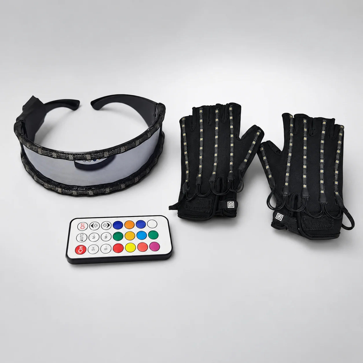 LED Lightwave Gear Set complete combo laid out with visor glasses, LED gloves and color remote