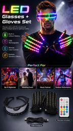 LED Lightwave Gear Set feature guide showing rechargeable power, remote modes and included components