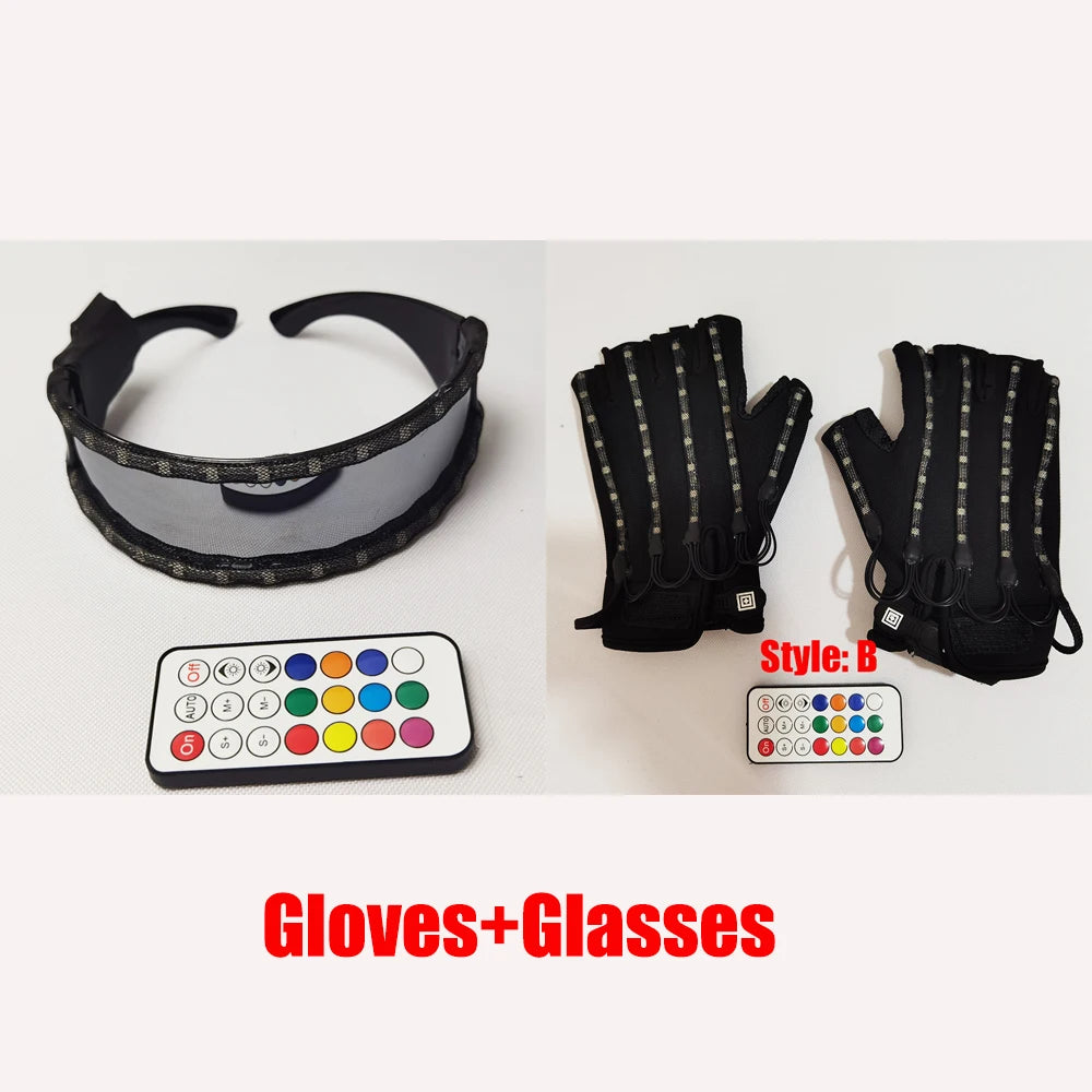 LED Lightwave Gear Set with black LED gloves, visor glasses and remote control arranged together