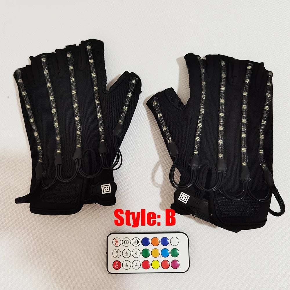 LED Lightwave Gear Set black fingerless gloves with finger LEDs and handheld color remote