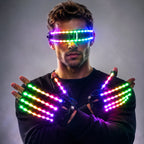 LED Lightwave Gear Set multicolor gloves and visor shown on a model in a front-facing crossed pose