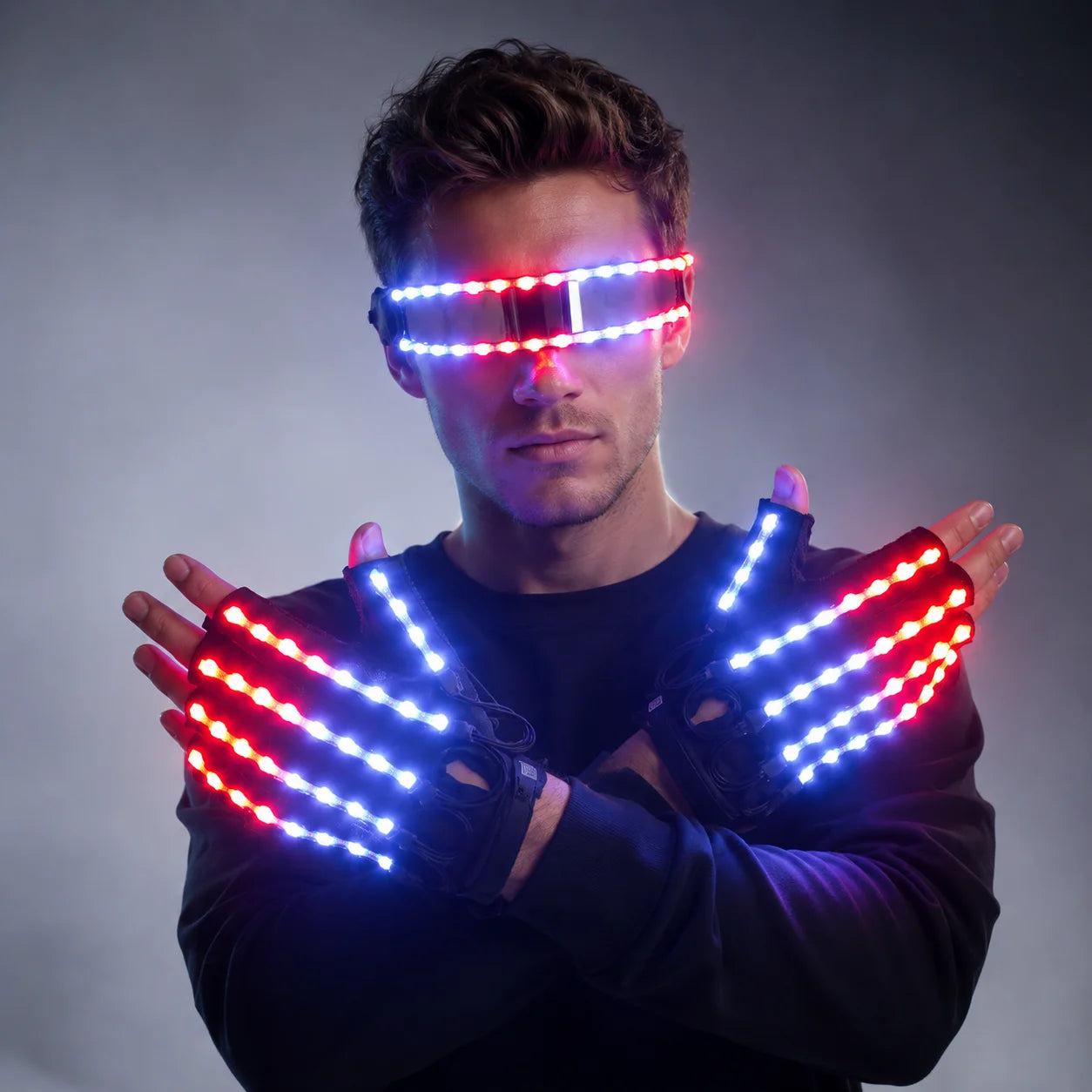 LED Lightwave Gear Set worn with red, blue and white lighting across the gloves and visor
