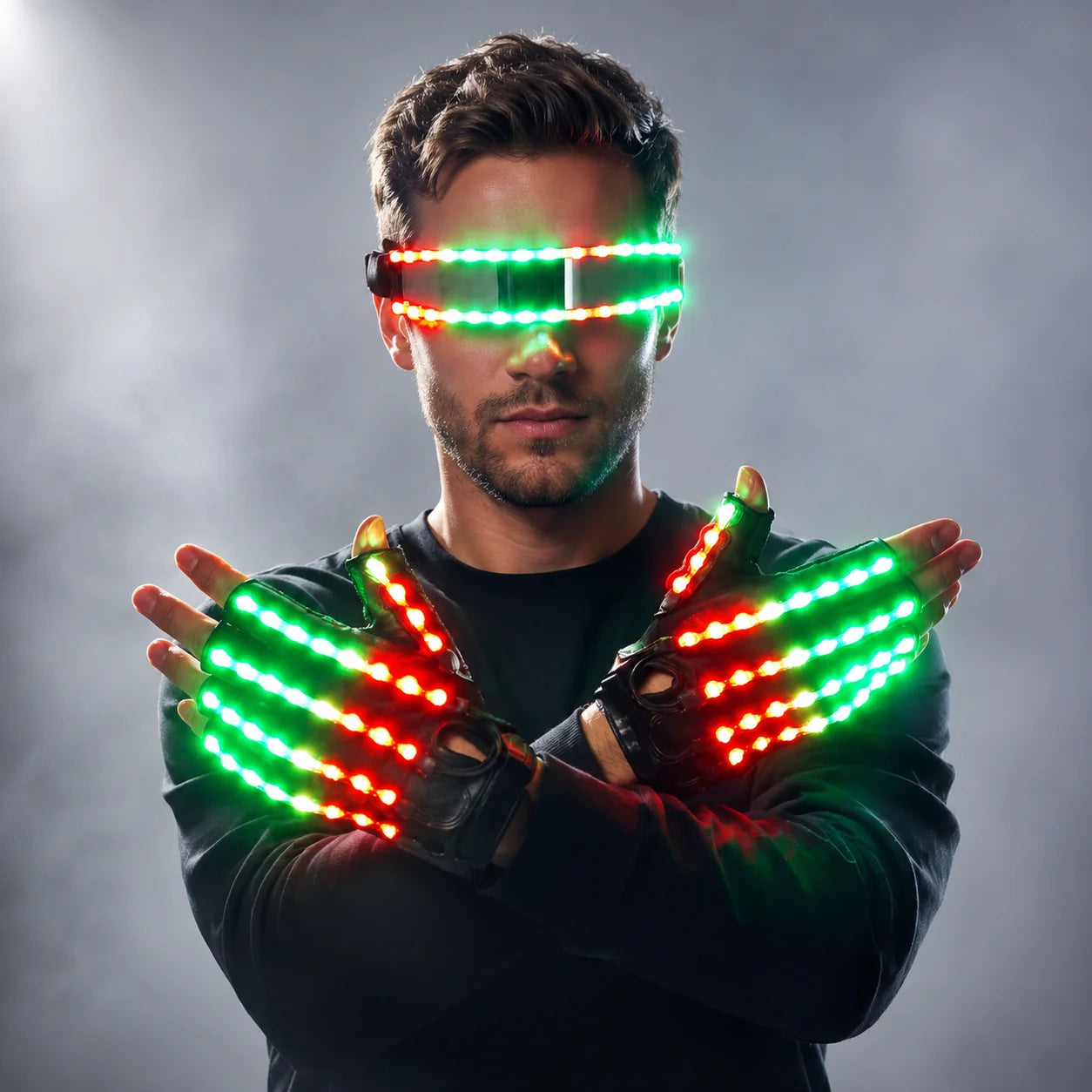 LED Lightwave Gear Set on a model with red and green glove strips and matching LED visor