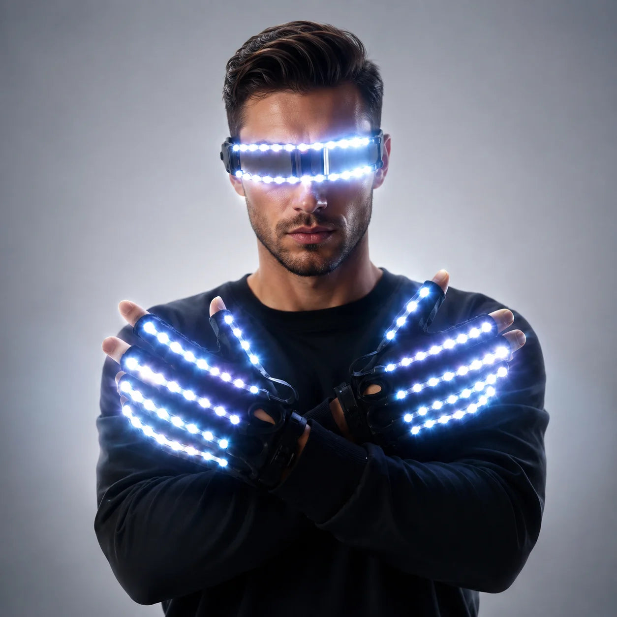 LED Lightwave Gear Set worn in bright white light mode with both hands crossed near the visor