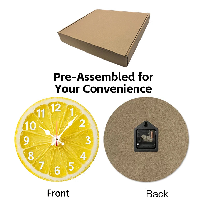 Lemon Slice Wall Clock front and back views showing the hanging slot and AA battery compartment
