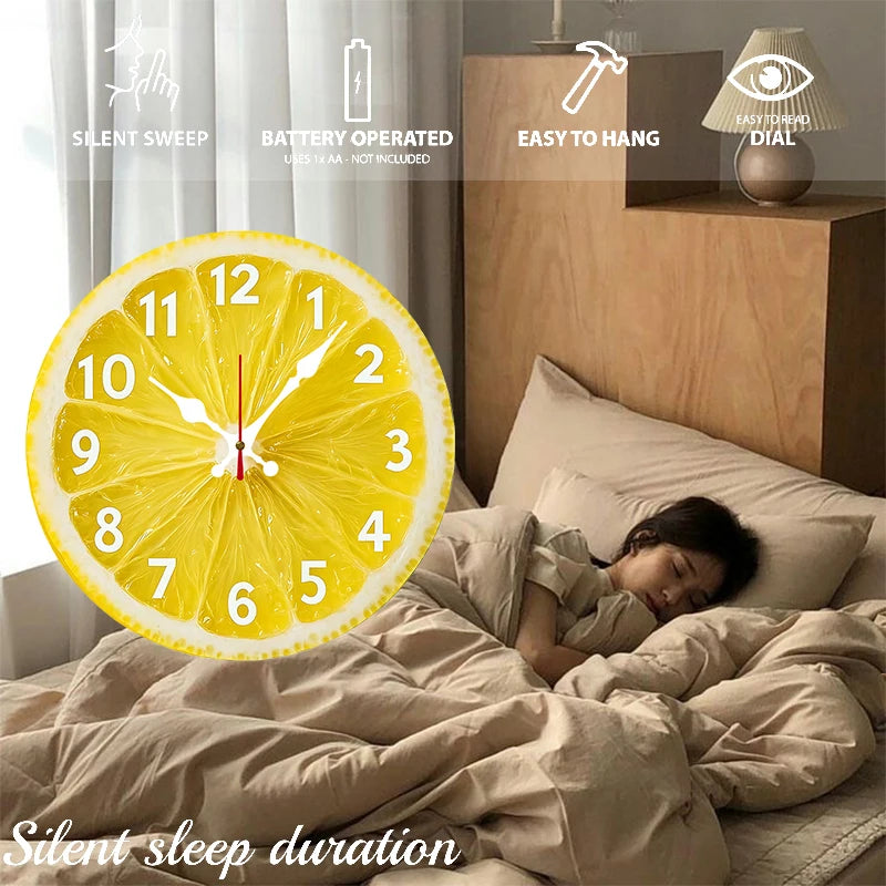 Lemon Slice Wall Clock bedroom feature panel showing silent sweep and AA battery operation