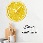 Lemon Slice Wall Clock hanging in a kitchen with silent wall clock feature text