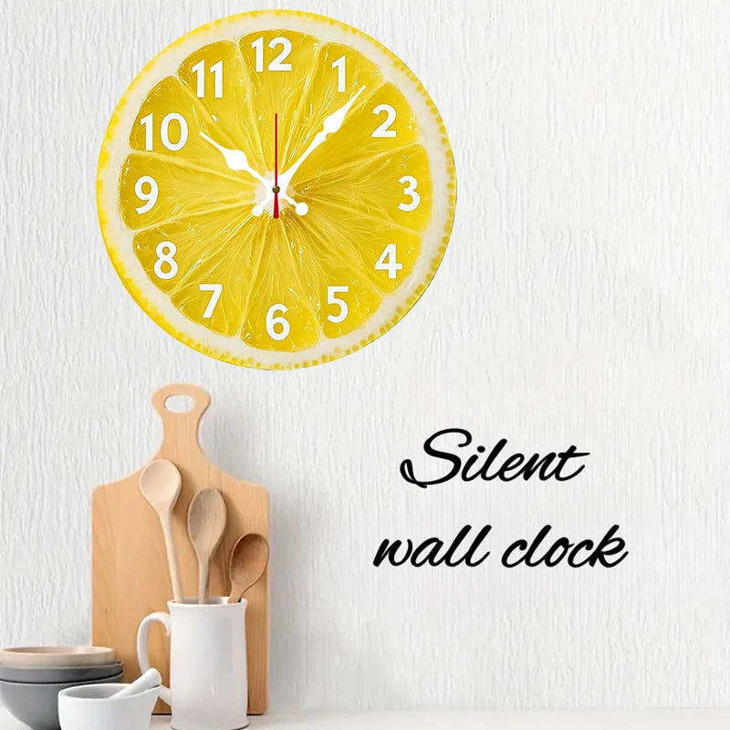 Lemon Slice Wall Clock hanging in a kitchen with silent wall clock feature text
