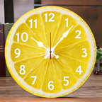 Lemon Slice Wall Clock close-up with yellow citrus face, white numbers, and red second hand