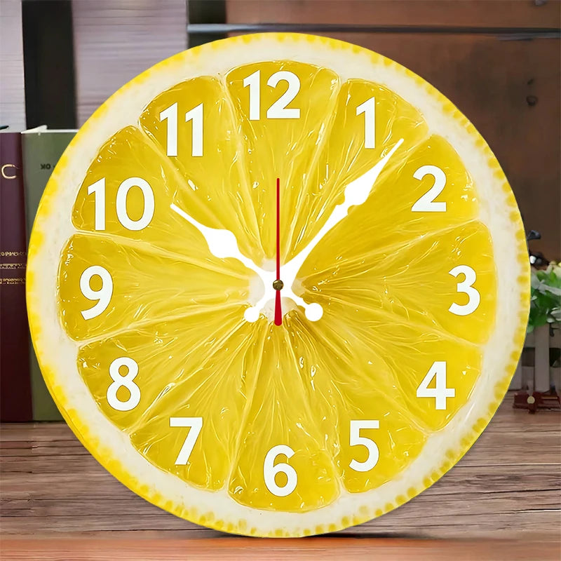 Lemon Slice Wall Clock close-up with yellow citrus face, white numbers, and red second hand