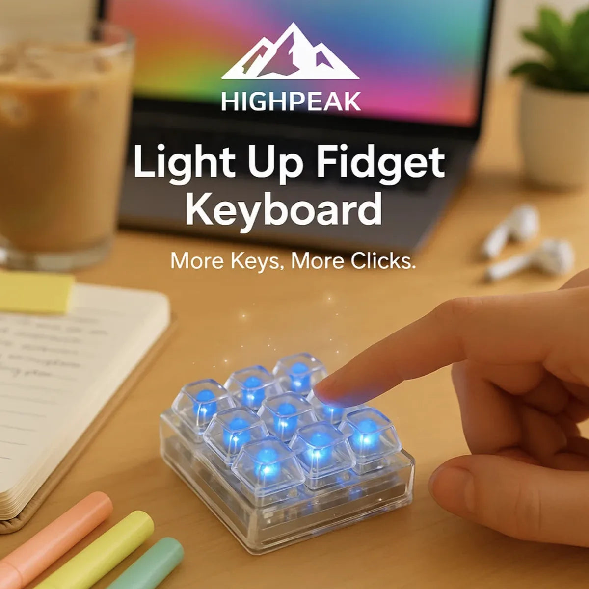 HighPeak Light Up Fidget Keyboard – LED Clicky Keycap Stress Toy
