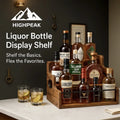 HighPeak Liquor Bottle Display Shelf in rustic wood with 3 tiers holding assorted bottles on a kitchen counter